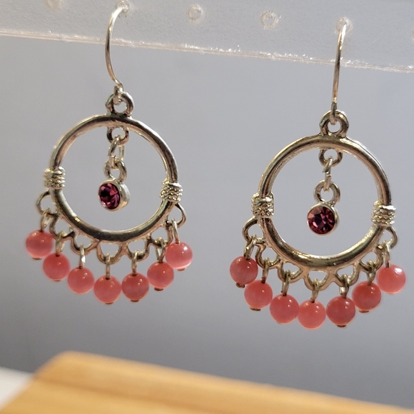 Silver Tone Pink Cats Eye Beaded Chandelier Earrings w/ Hot Pink Rhinestones - Picture 3 of 7